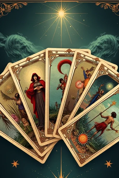 uma carta esotérica , escrito com cartas de tarô dispostas em forma de leque