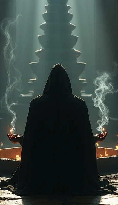 Um homem com capuz está limpando energias com incenso