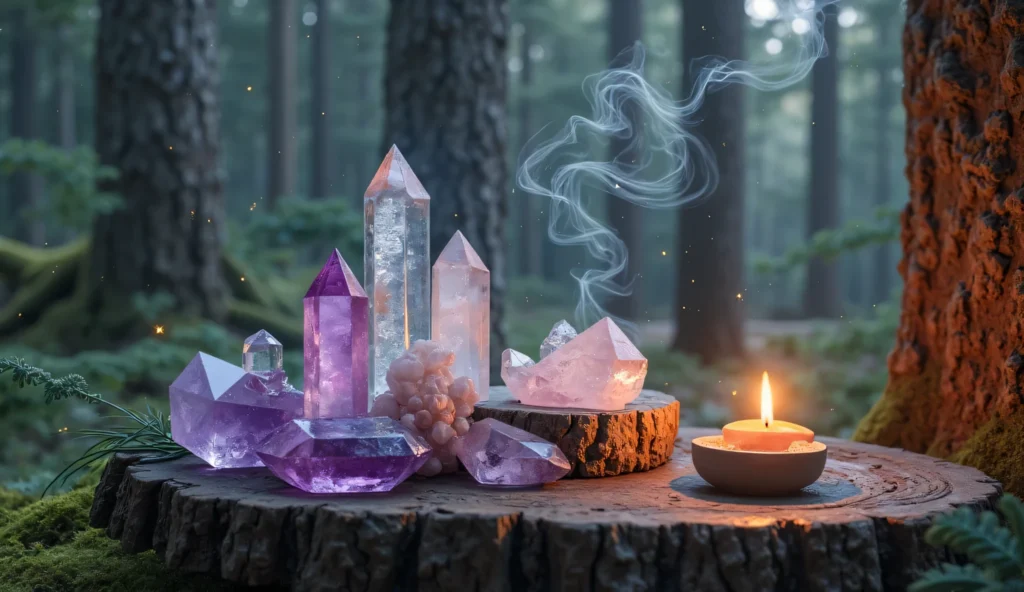 pedras e cristais ametistas com uma vela acesa