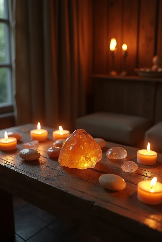 pedras, cristais e velas acesas sobre a mesa