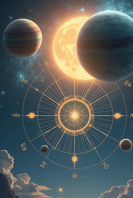 Imagem com estrelas e os planetas Urano , Saturno , Lua e Sol ao fundo . Na frente , roda astrológica com o símbolo do signo de Aquário representando liberdade e originalidade