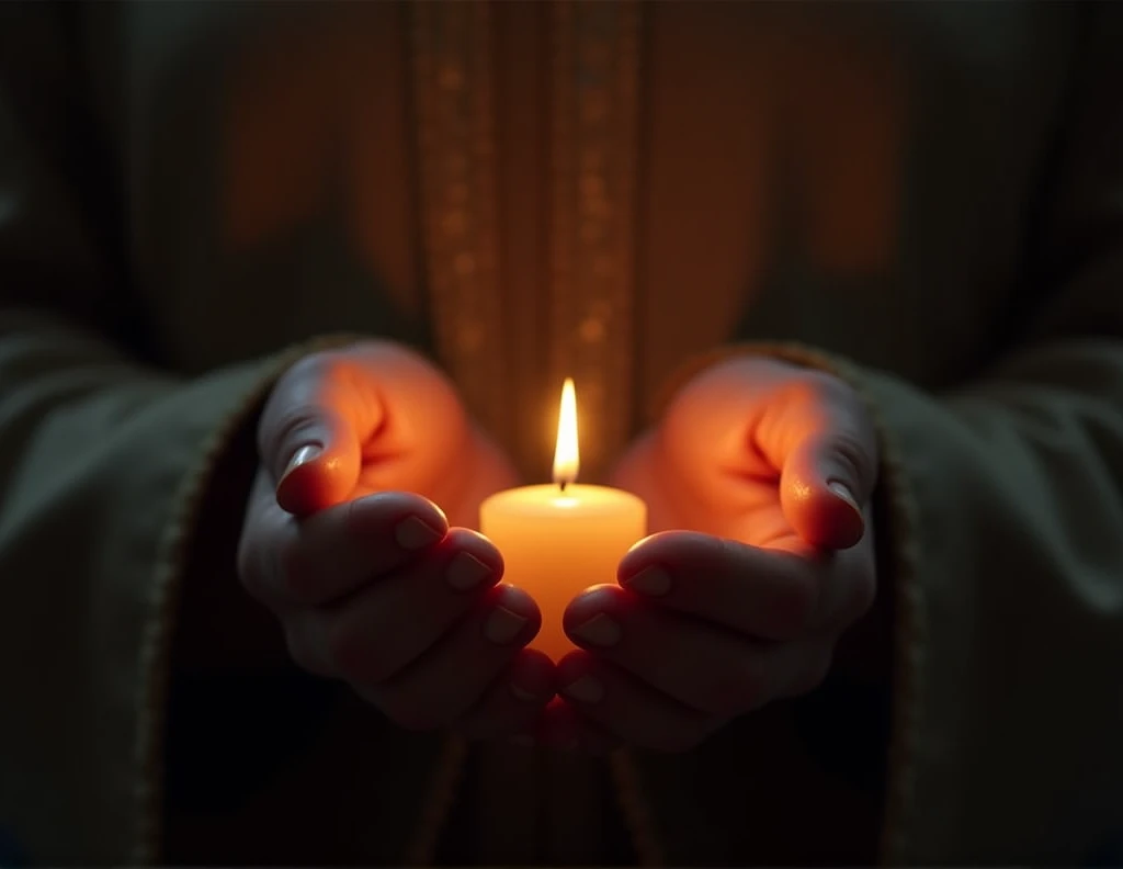 alguém segurando uma vela acesa em suas mãos no escuro