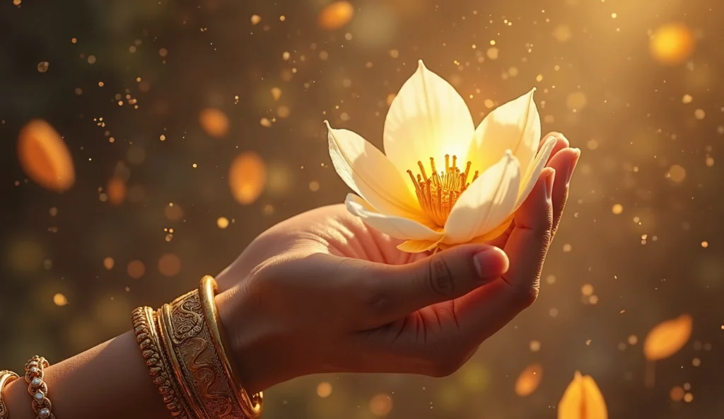 uma mao segurando uma flor sendo iluminada pelo sol