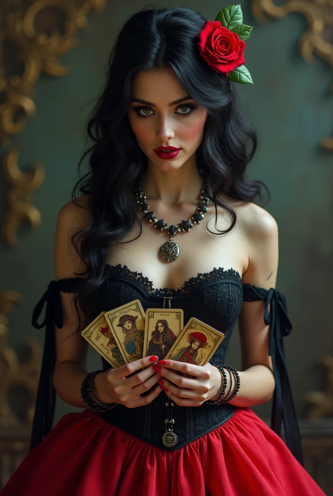 imagem de uma cigana de vestido com corset preto com saia rodada na cor vermelho, batom vermelho e cabelo pretocom uma rosa no cabelo segurando cartas de tarot