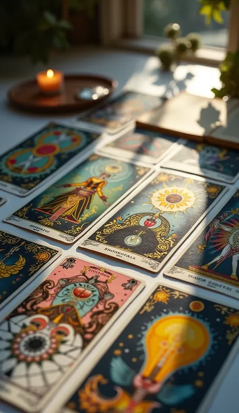 cartas ciganas sobre a mesa com vela de fundo e a iluminada pelo sol